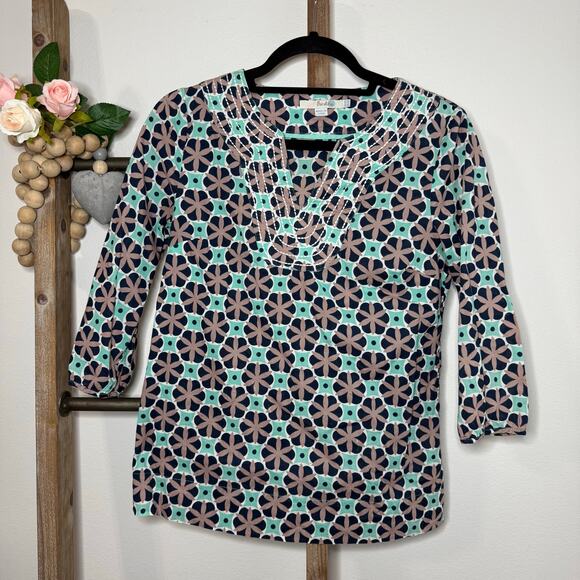 Boden‎ Geometric Medallion Print Cotton 3/4 Sleeve Blouse Size 4 - Picture 1 of 8